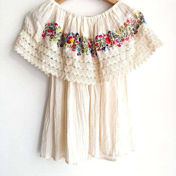 Vintage Gauze Ivory Cotton Floral Embroidered Off The Shoulder Top S - Picture 2 of 3
